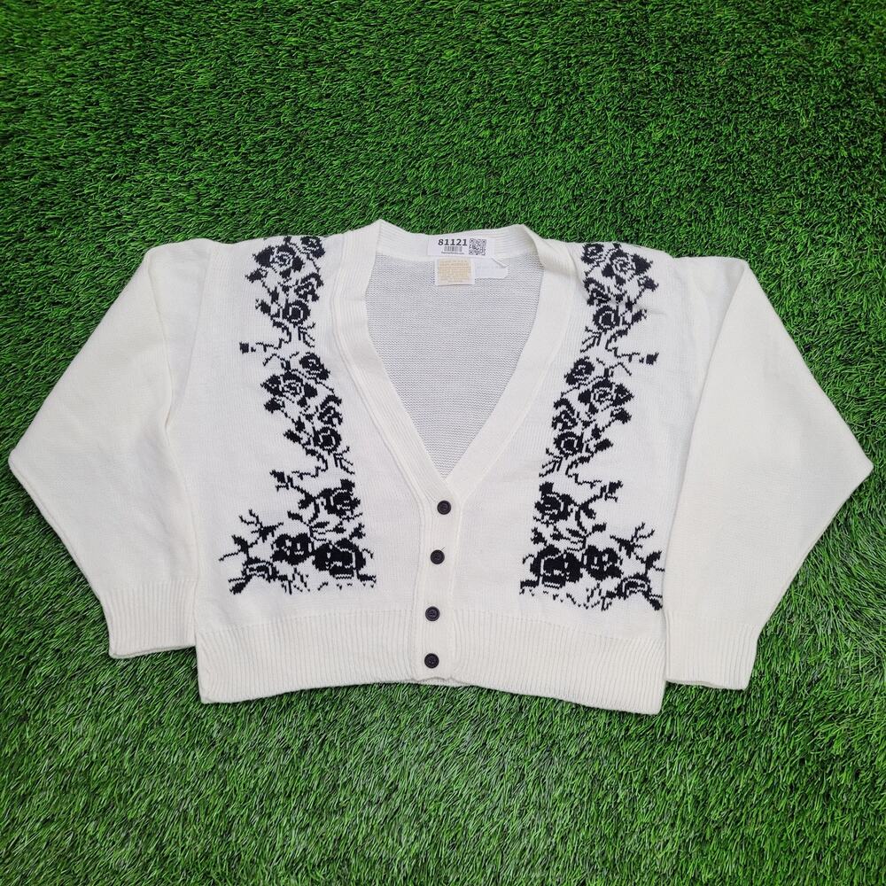 Vintage Flower Cardigan Sweater Womens XL 22x18 Cropped